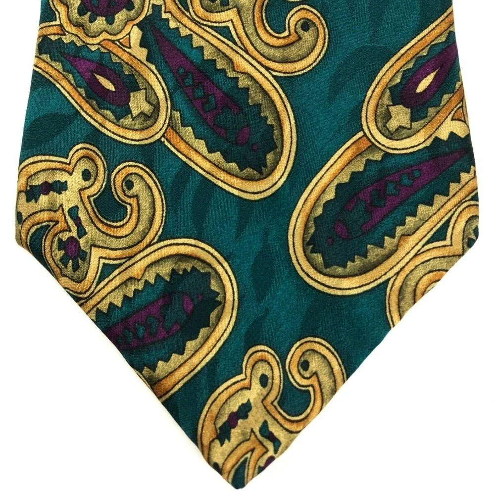 LIBERTY OF LONDON Men's 100% Silk Necktie Luxury PAISLEY Green/Purple/Yellow USA